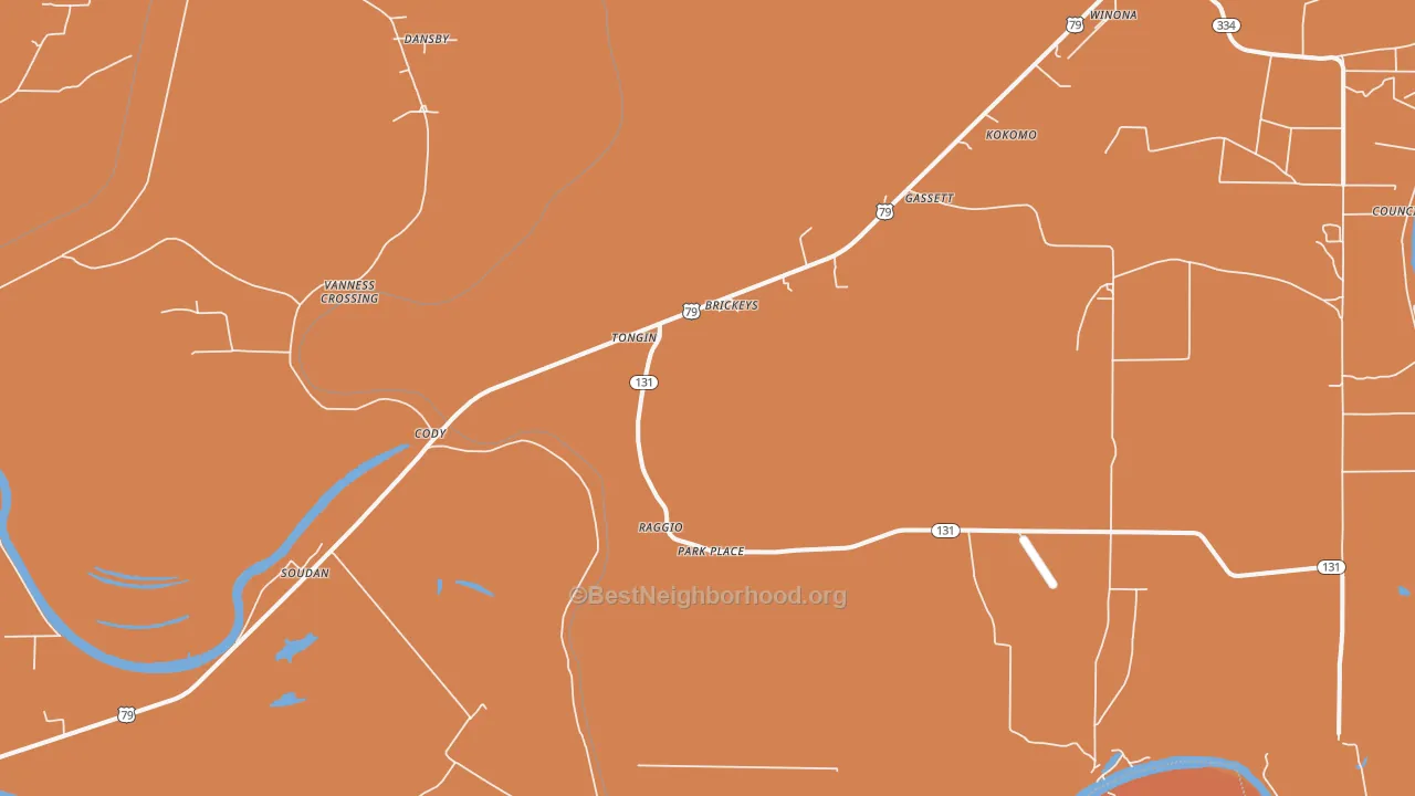 Map of the best neighborhoods in the 72320 area, with better matches in green and worse matches in red
