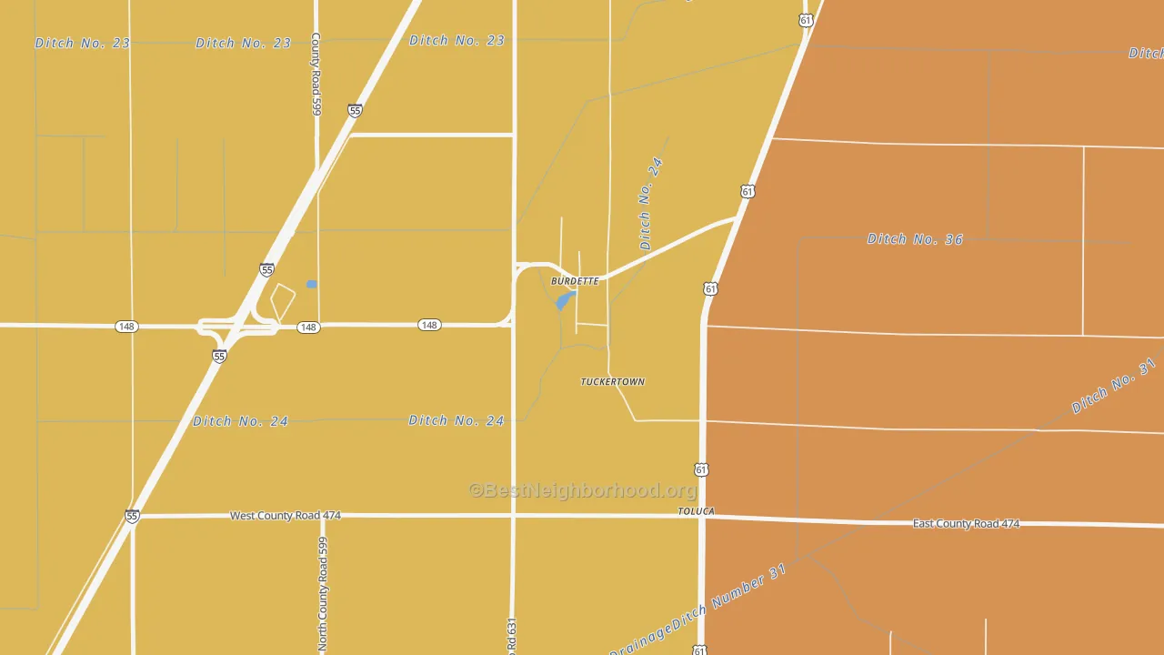 Map of the best neighborhoods in the 72321 area, with better matches in green and worse matches in red