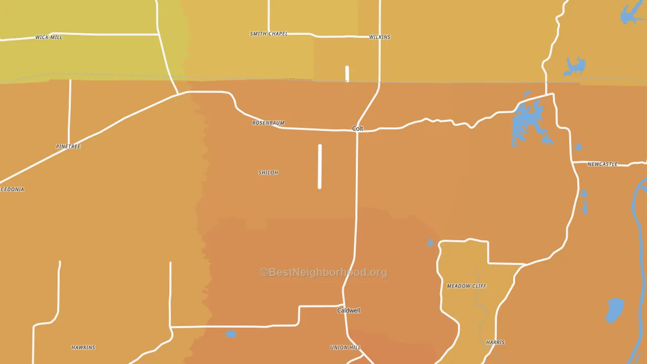 Map of the best neighborhoods in the 72326 area, with better matches in green and worse matches in red