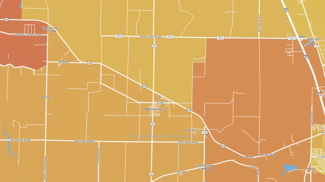 Map of the best neighborhoods in the 72327 area, with better matches in green and worse matches in red