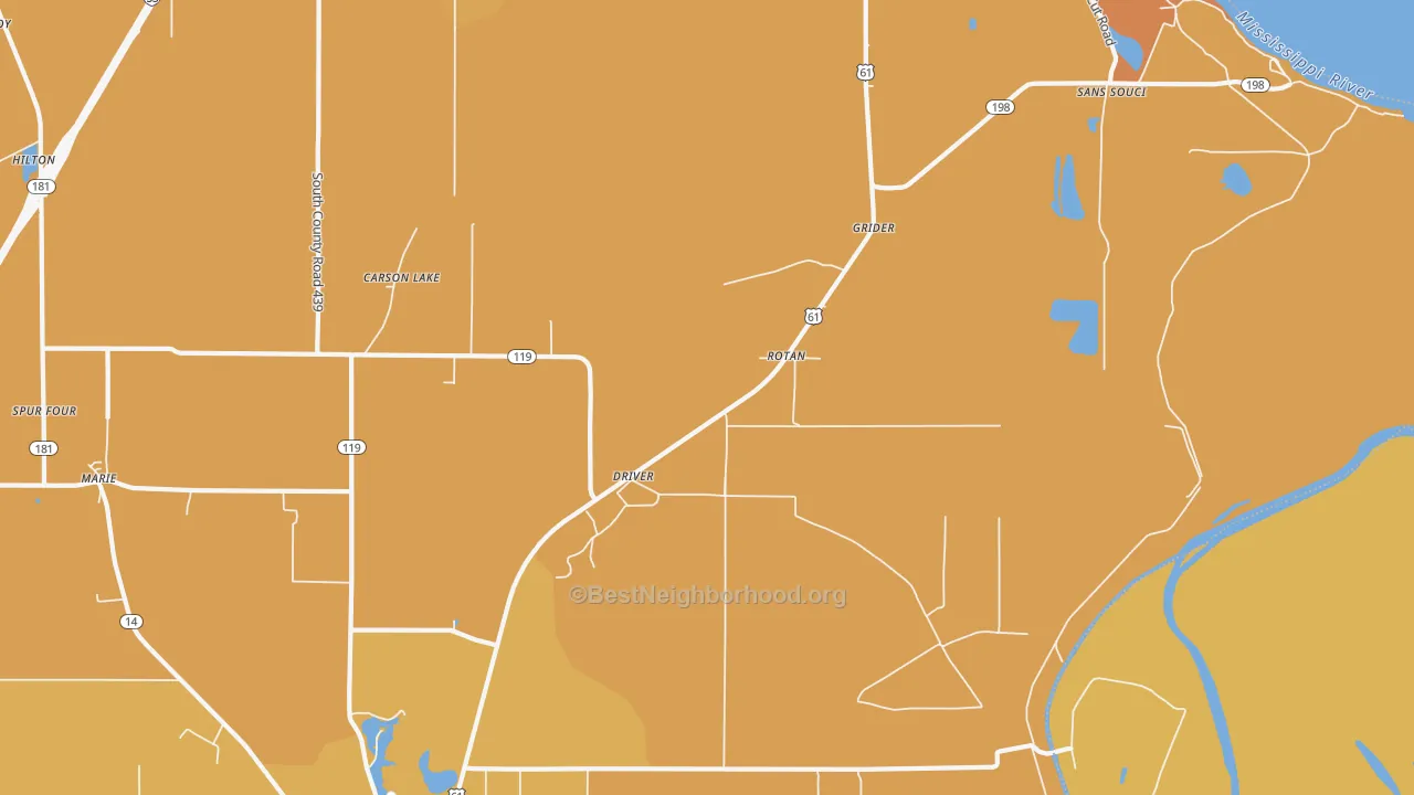 Map of the best neighborhoods in the 72329 area, with better matches in green and worse matches in red