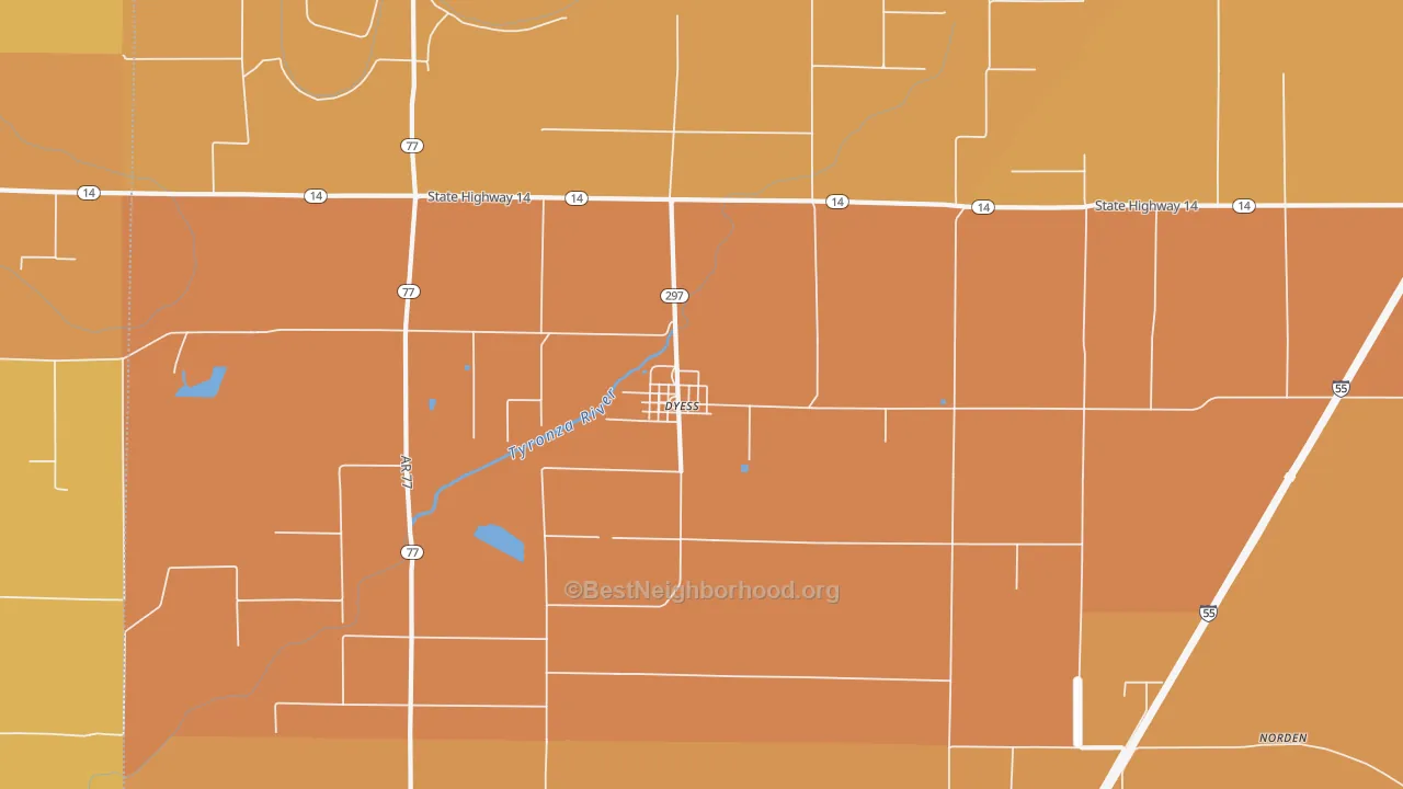 Map of the best neighborhoods in the 72330 area, with better matches in green and worse matches in red