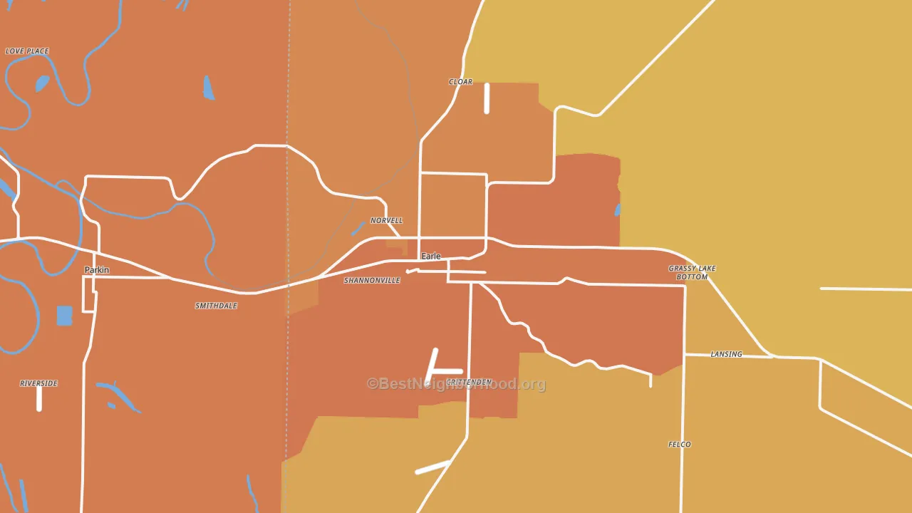 Map of the best neighborhoods in the 72331 area, with better matches in green and worse matches in red