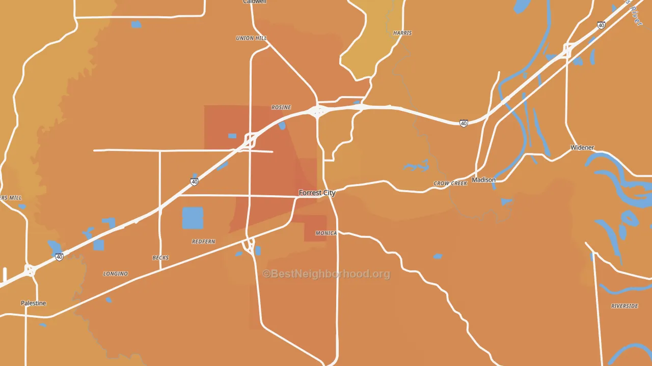 Map of the best neighborhoods in the 72335 area, with better matches in green and worse matches in red