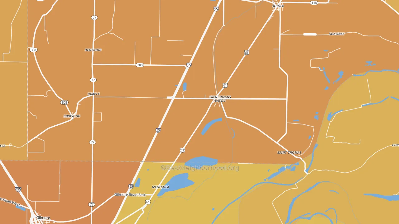 Map of the best neighborhoods in the 72338 area, with better matches in green and worse matches in red