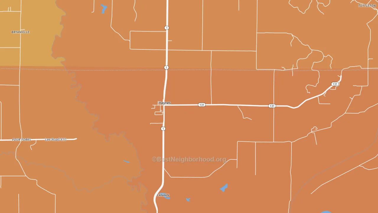 Map of the best neighborhoods in the 72341 area, with better matches in green and worse matches in red