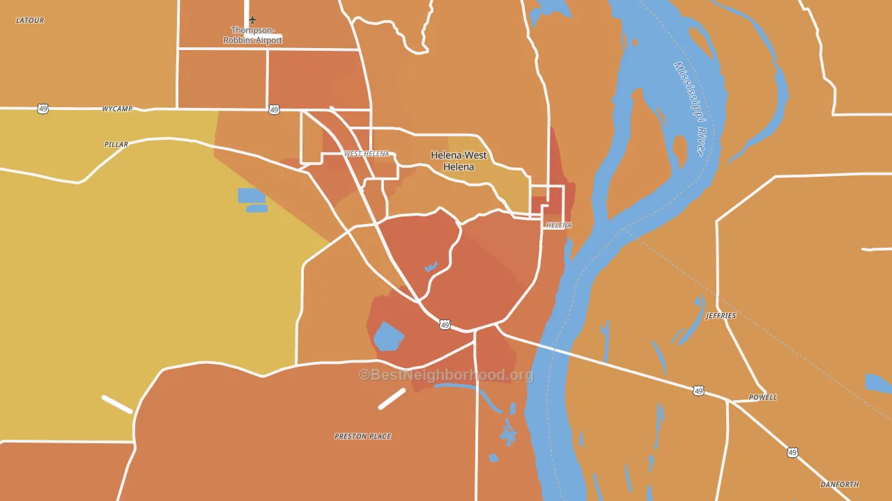 Map of the best neighborhoods in the 72342 area, with better matches in green and worse matches in red