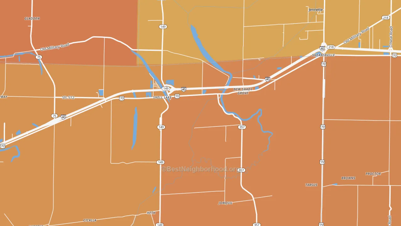 Map of the best neighborhoods in the 72346 area, with better matches in green and worse matches in red