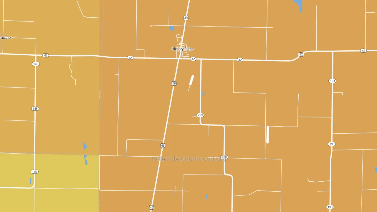 Map of the best neighborhoods in the 72347 area, with better matches in green and worse matches in red