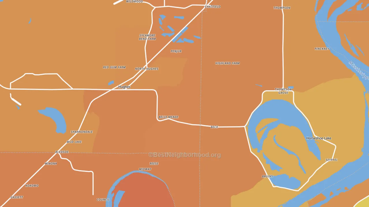 Map of the best neighborhoods in the 72348 area, with better matches in green and worse matches in red