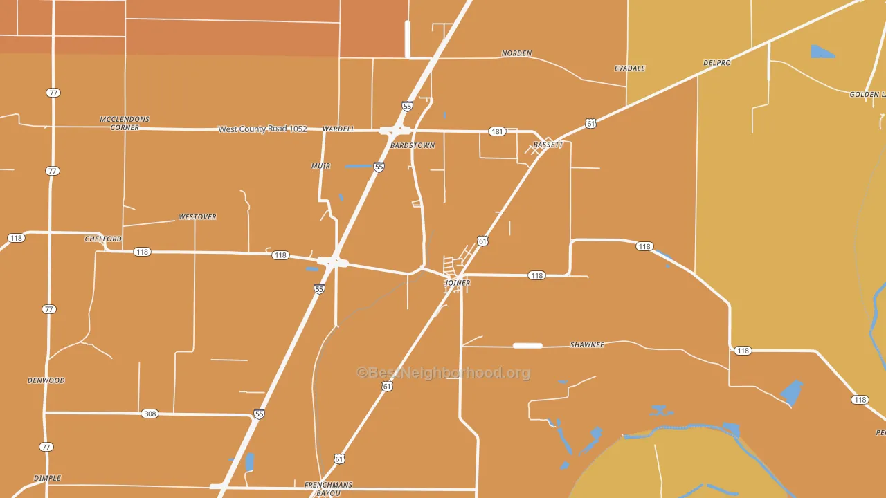 Map of the best neighborhoods in the 72350 area, with better matches in green and worse matches in red