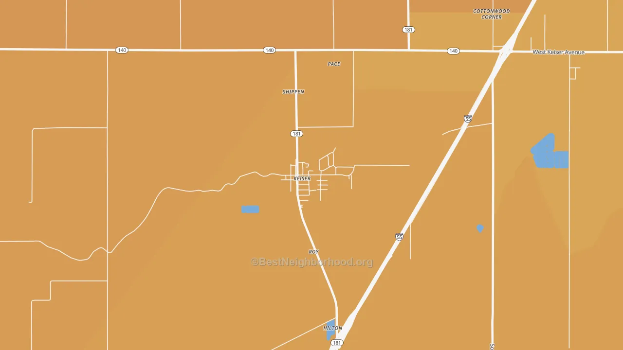 Map of the best neighborhoods in the 72351 area, with better matches in green and worse matches in red
