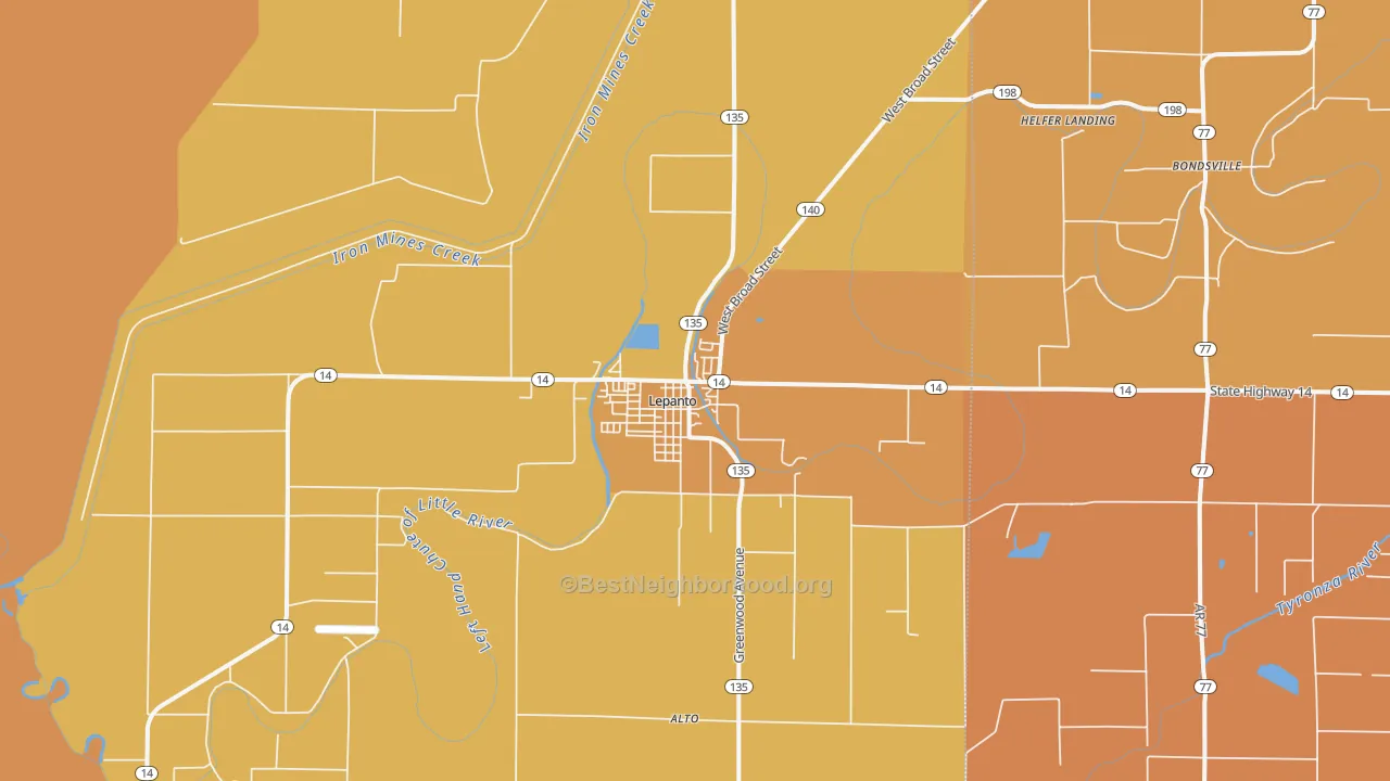 Map of the best neighborhoods in the 72354 area, with better matches in green and worse matches in red