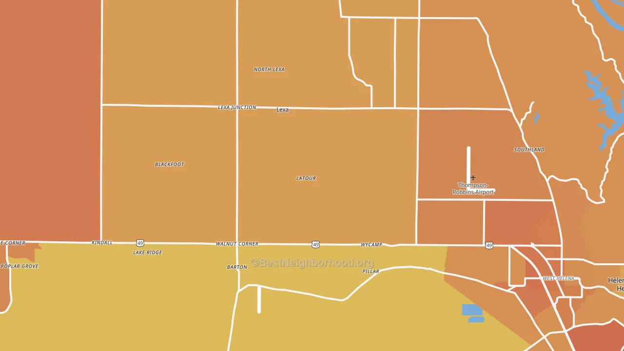 Map of the best neighborhoods in the 72355 area, with better matches in green and worse matches in red