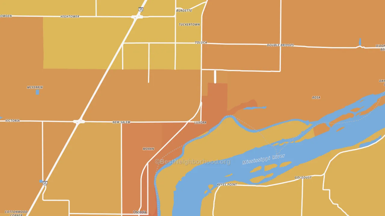 Map of the best neighborhoods in the 72358 area, with better matches in green and worse matches in red