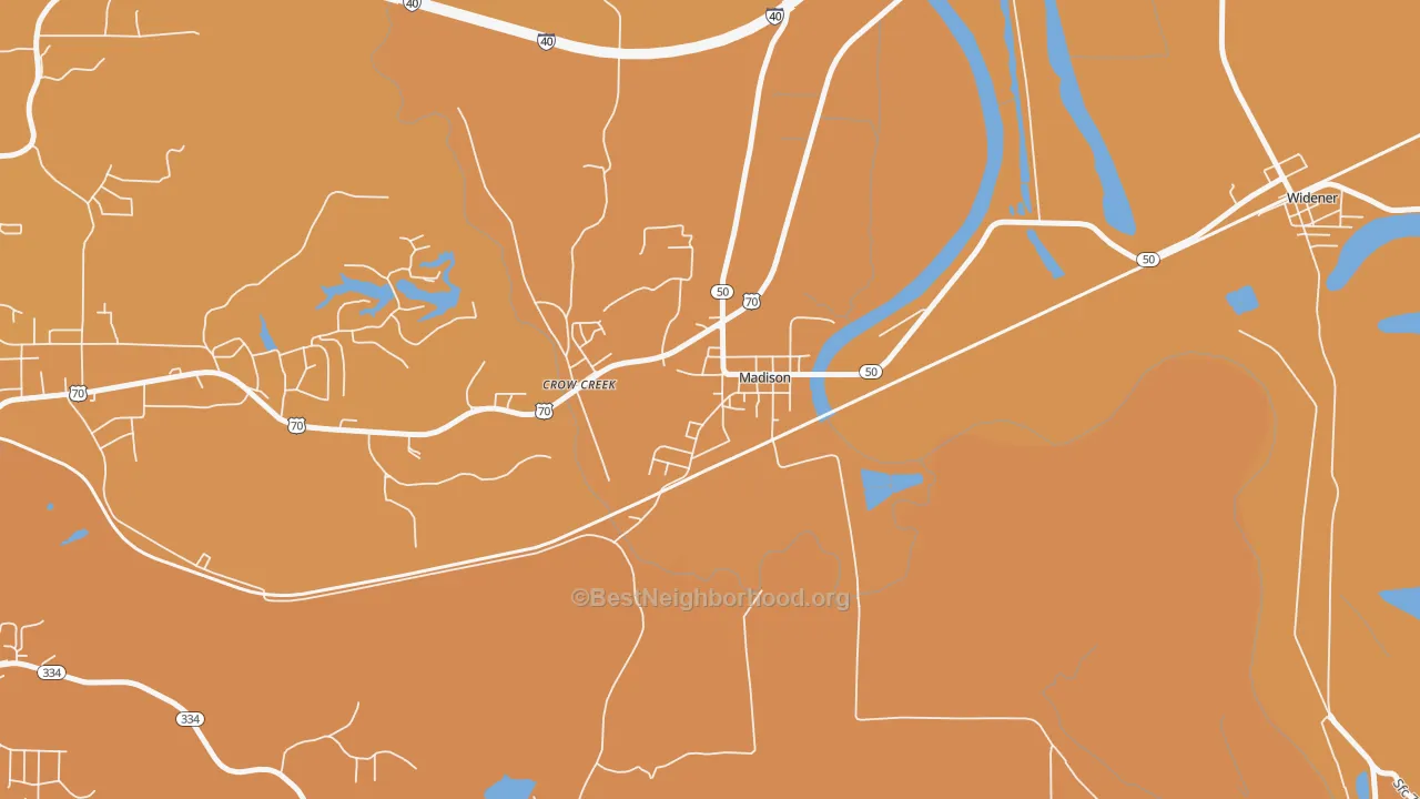 Map of the best neighborhoods in the 72359 area, with better matches in green and worse matches in red
