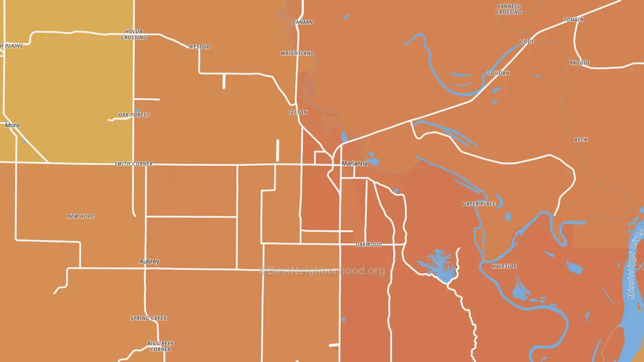 Map of the best neighborhoods in the 72360 area, with better matches in green and worse matches in red