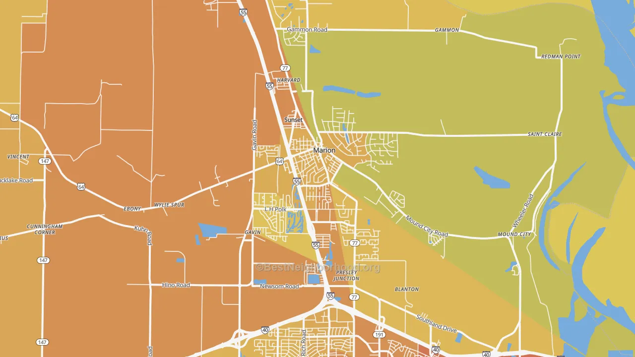 Map of the best neighborhoods in the 72364 area, with better matches in green and worse matches in red