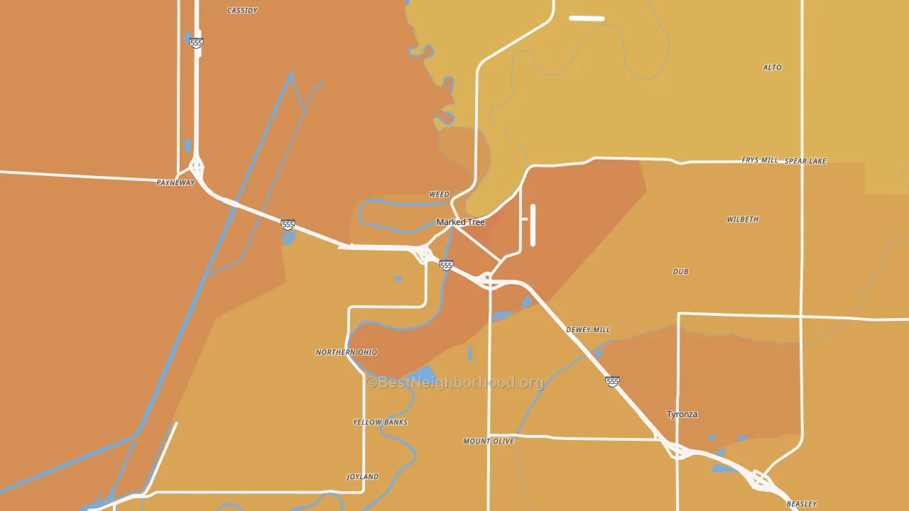 Map of the best neighborhoods in the 72365 area, with better matches in green and worse matches in red