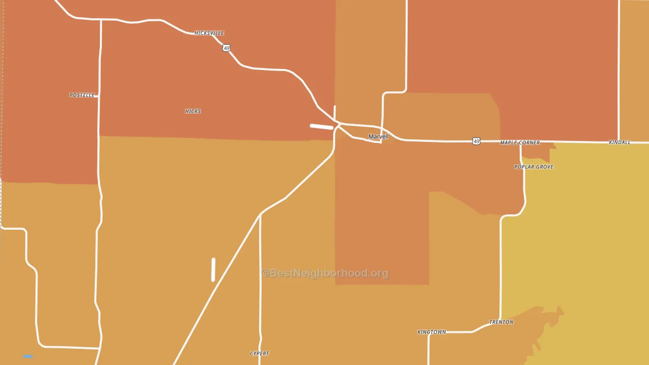 Map of the best neighborhoods in the 72366 area, with better matches in green and worse matches in red
