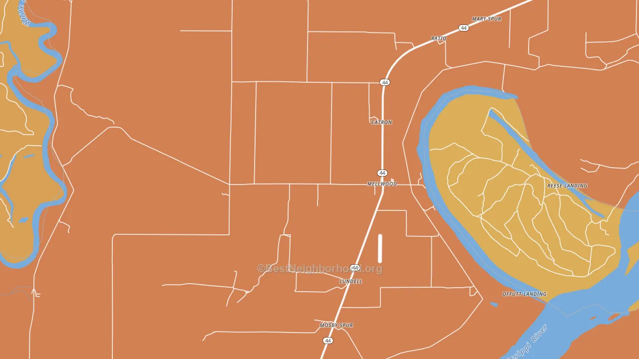 Map of the best neighborhoods in the 72367 area, with better matches in green and worse matches in red