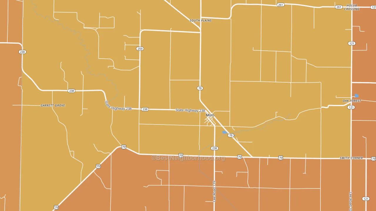 Map of the best neighborhoods in the 72368 area, with better matches in green and worse matches in red