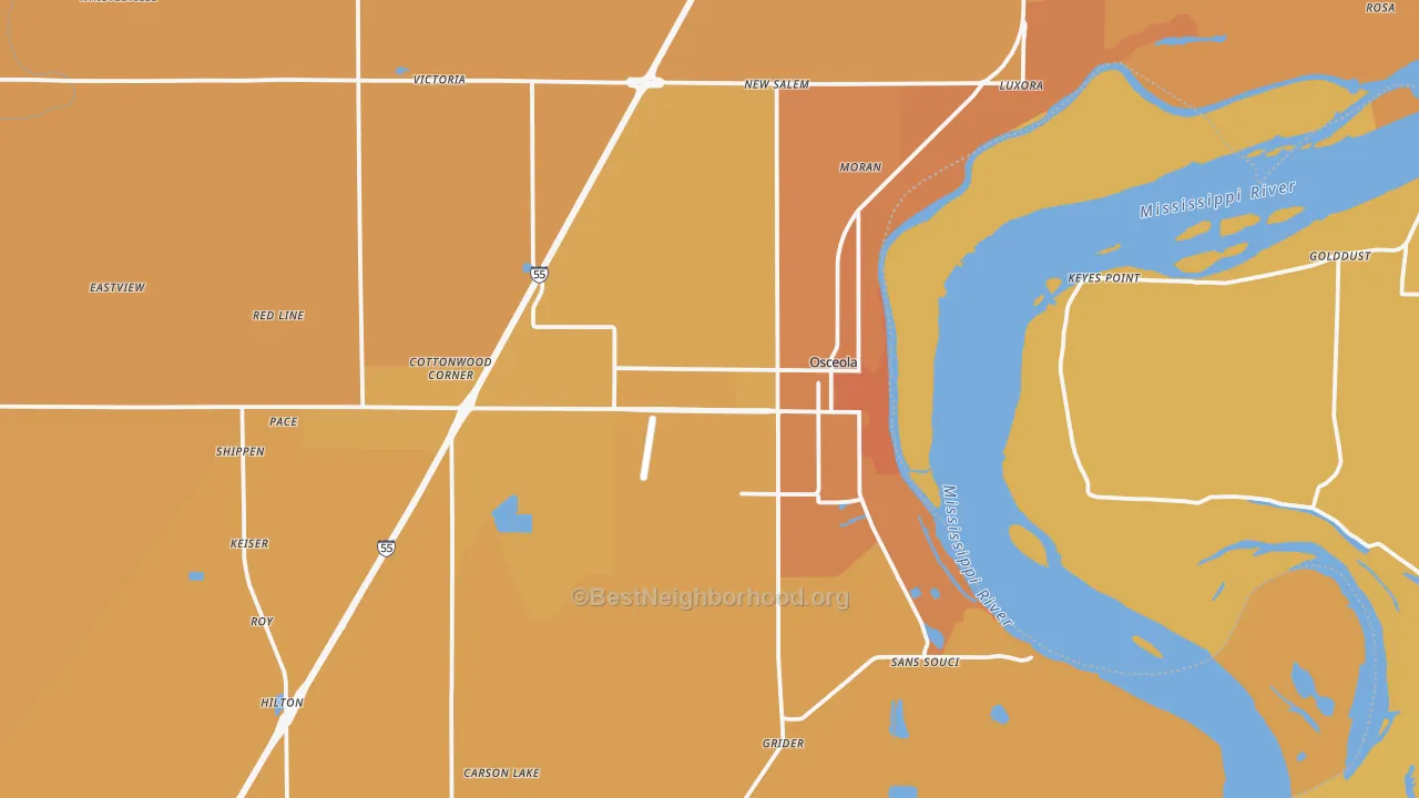 Map of the best neighborhoods in the 72370 area, with better matches in green and worse matches in red