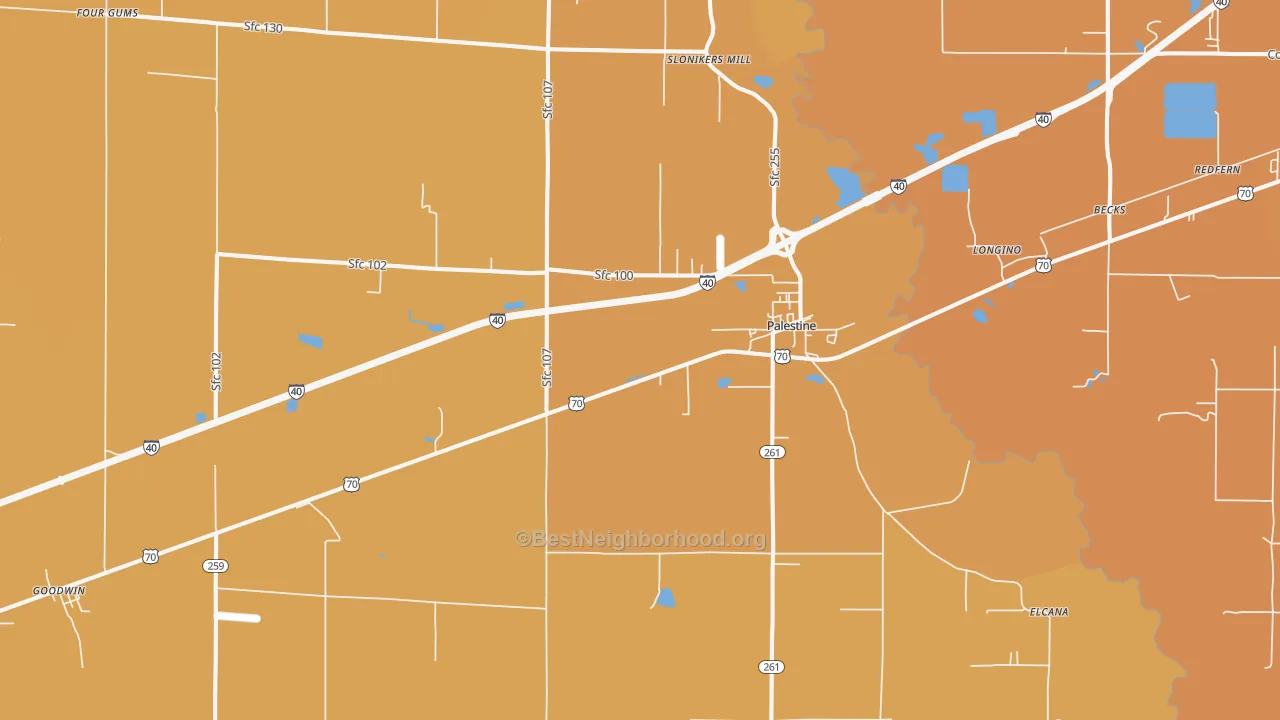 Map of the best neighborhoods in the 72372 area, with better matches in green and worse matches in red