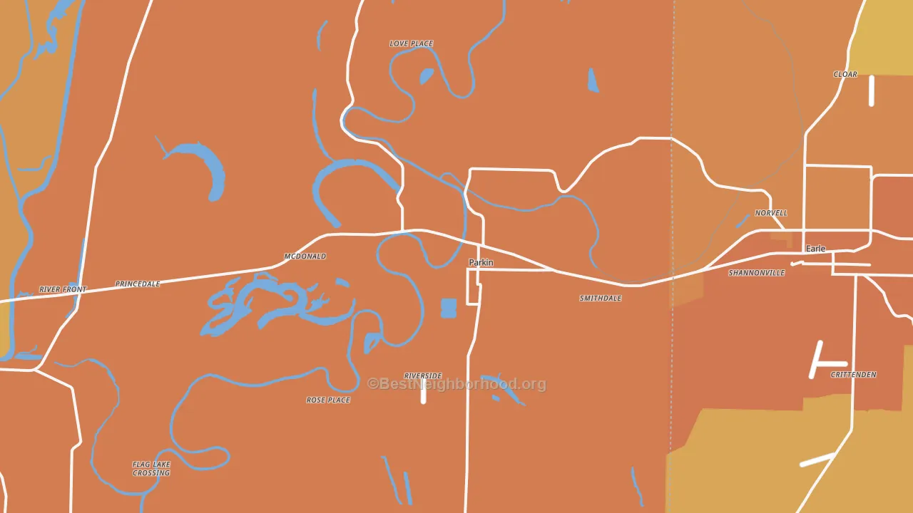 Map of the best neighborhoods in the 72373 area, with better matches in green and worse matches in red