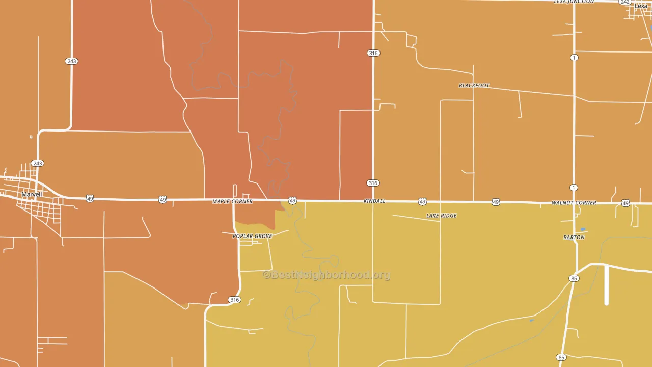 Map of the best neighborhoods in the 72374 area, with better matches in green and worse matches in red
