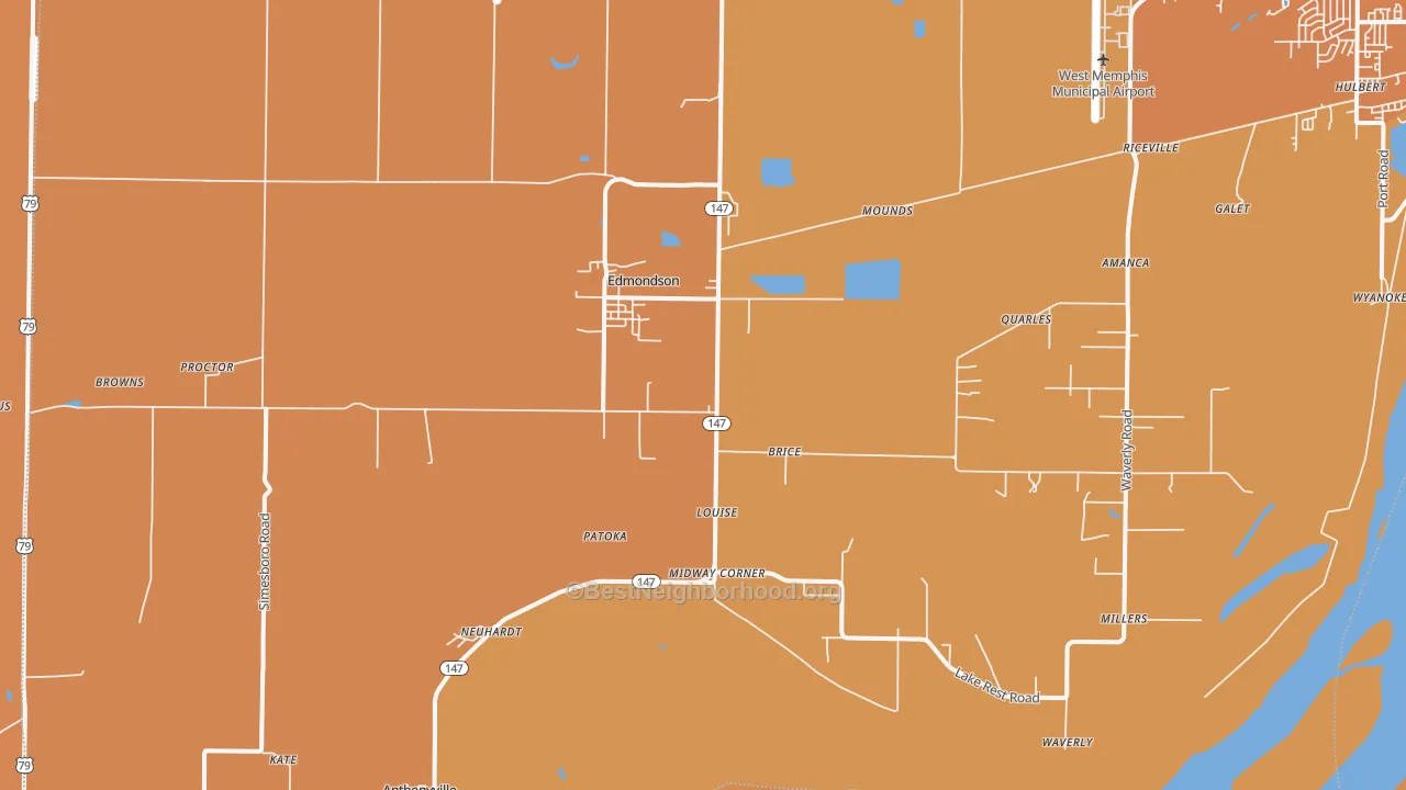 Map of the best neighborhoods in the 72376 area, with better matches in green and worse matches in red