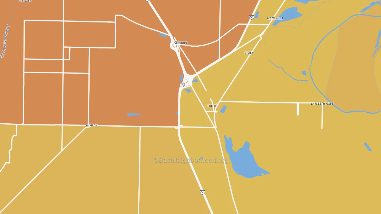 Map of the best neighborhoods in the 72384 area, with better matches in green and worse matches in red