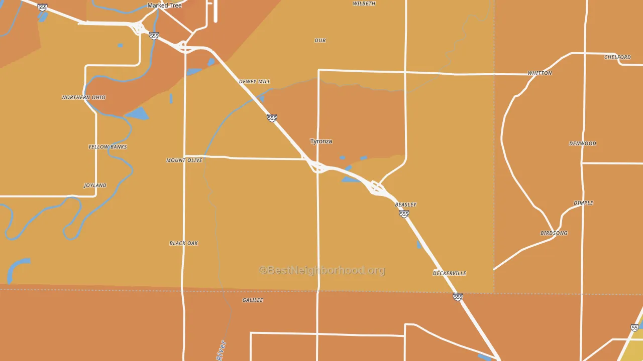 Map of the best neighborhoods in the 72386 area, with better matches in green and worse matches in red
