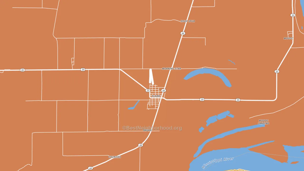 Map of the best neighborhoods in the 72389 area, with better matches in green and worse matches in red