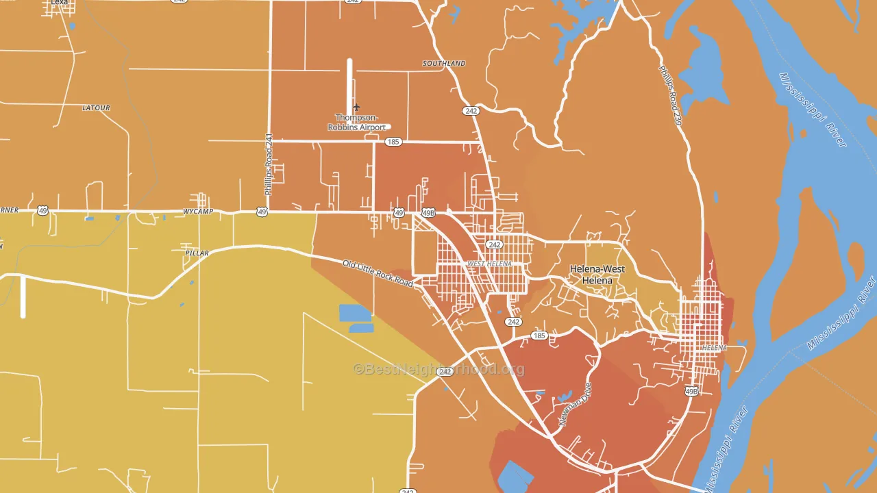 Map of the best neighborhoods in the 72390 area, with better matches in green and worse matches in red