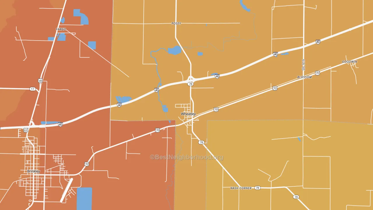 Map of the best neighborhoods in the 72392 area, with better matches in green and worse matches in red