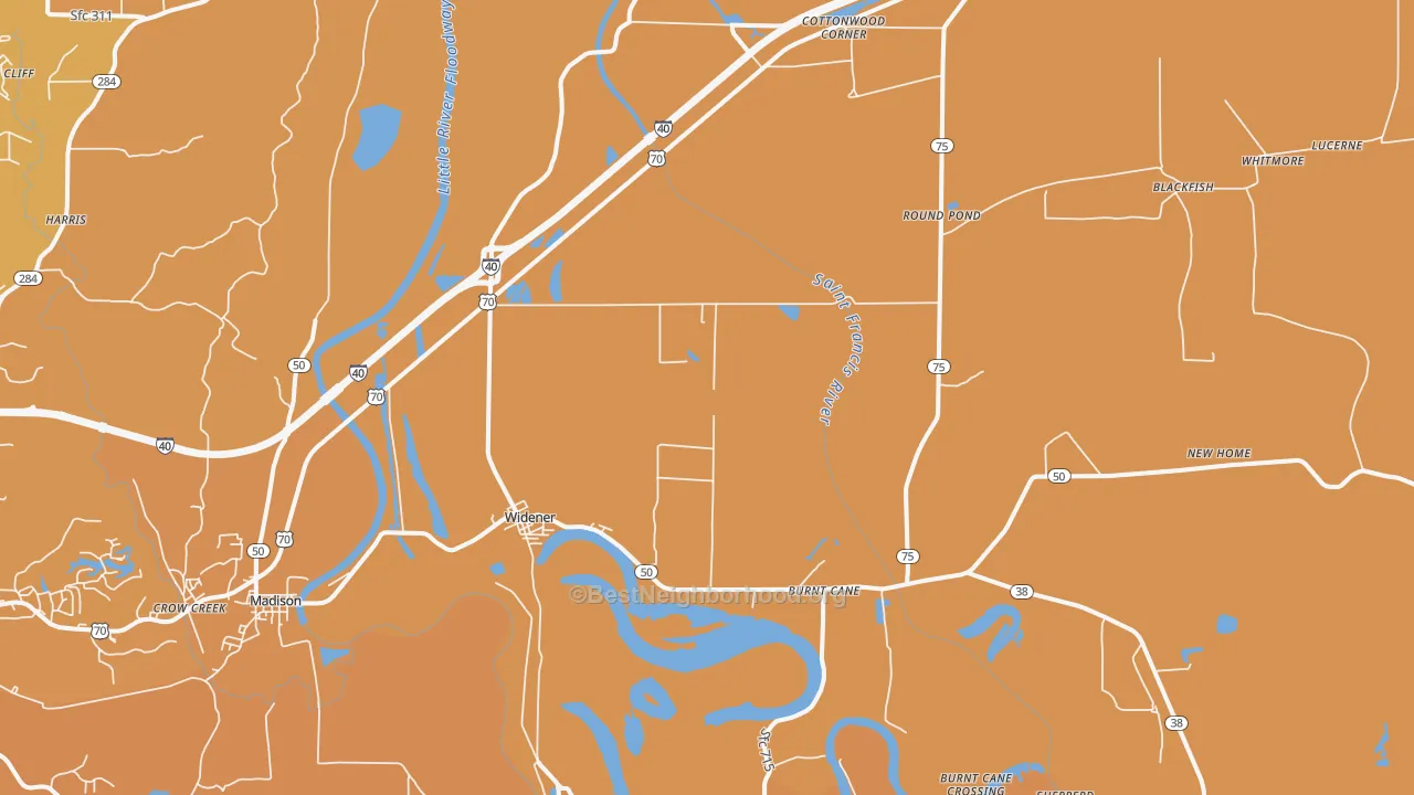 Map of the best neighborhoods in the 72394 area, with better matches in green and worse matches in red