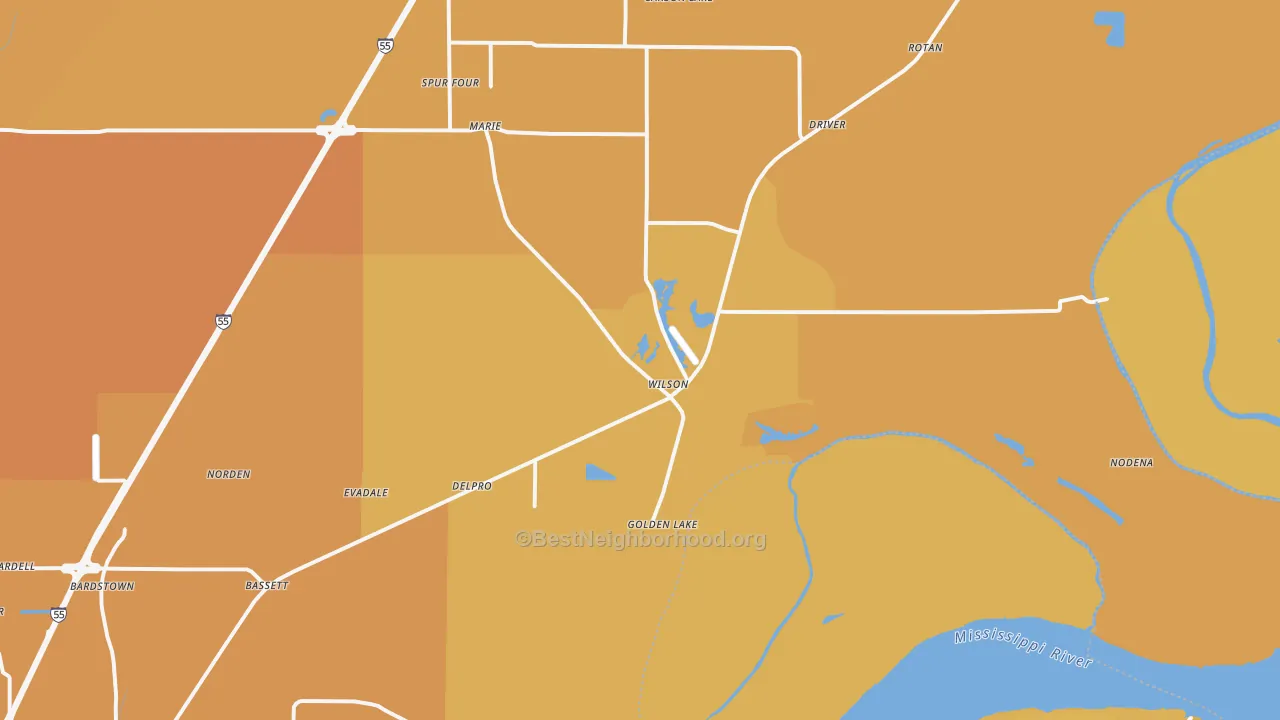 Map of the best neighborhoods in the 72395 area, with better matches in green and worse matches in red