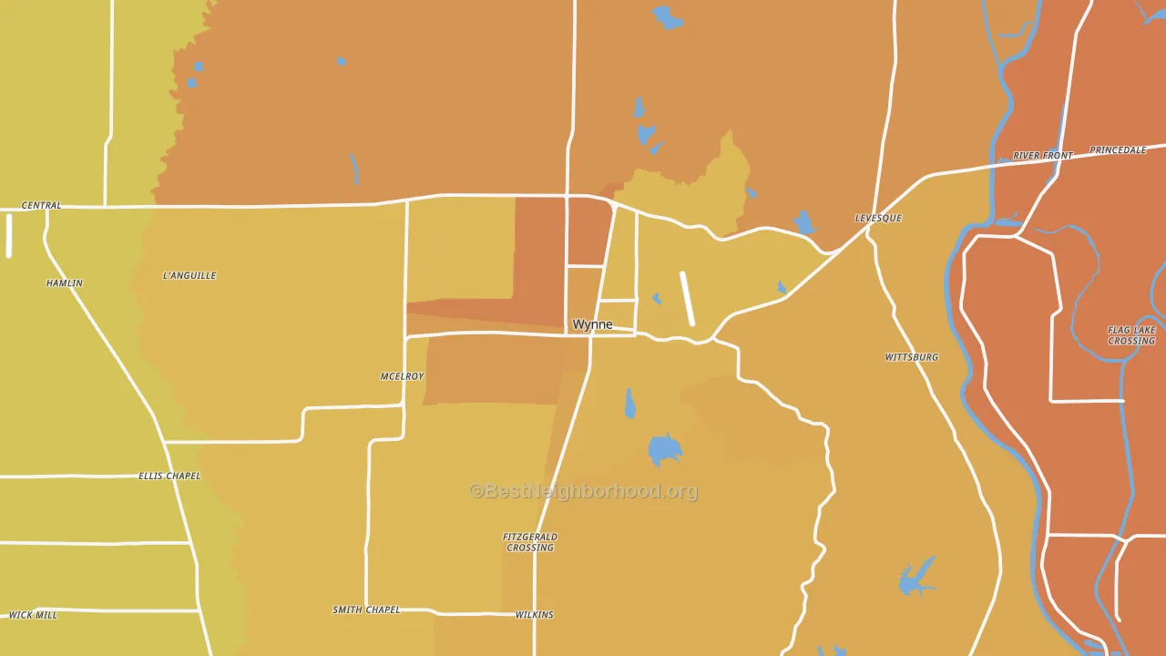 Map of the best neighborhoods in the 72396 area, with better matches in green and worse matches in red