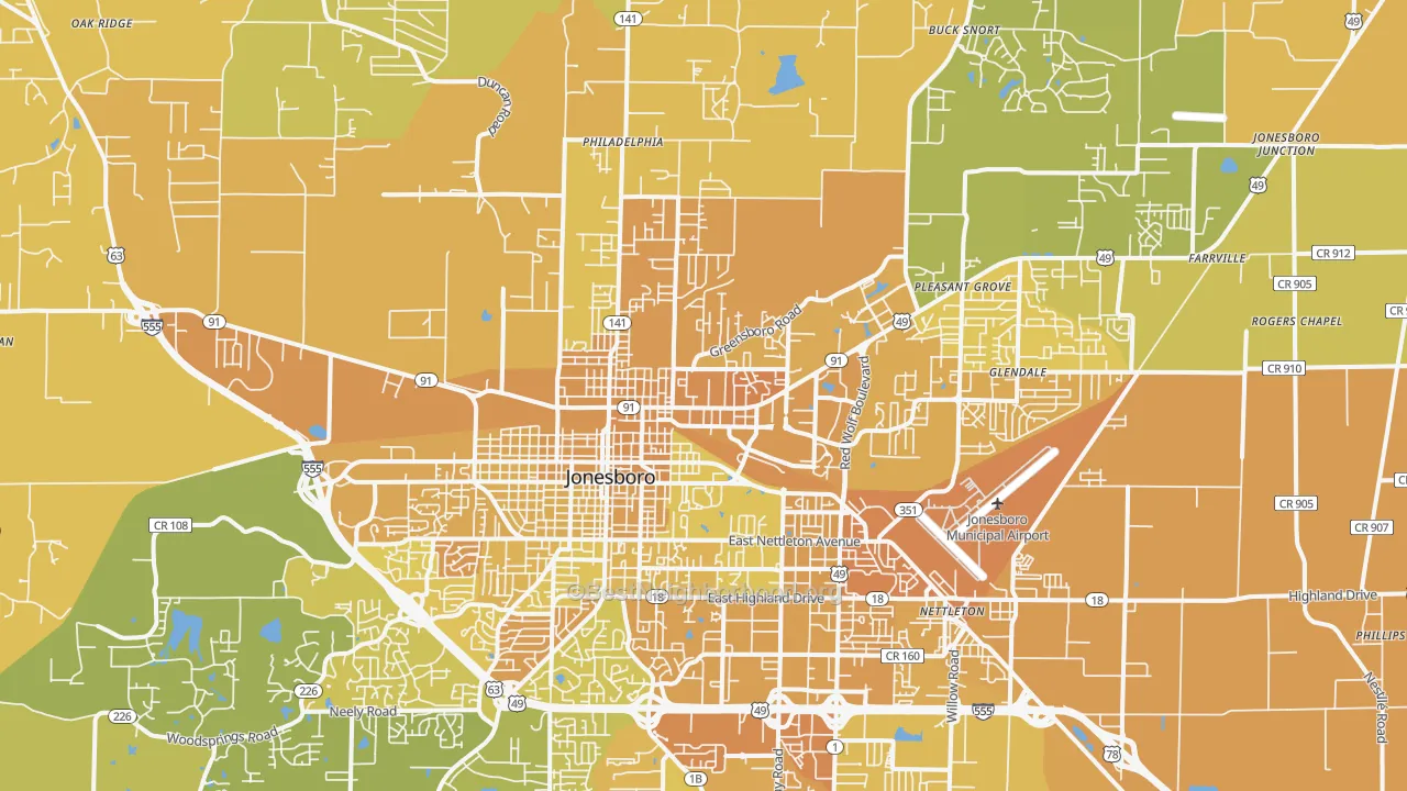Map of the best neighborhoods in the 72401 area, with better matches in green and worse matches in red