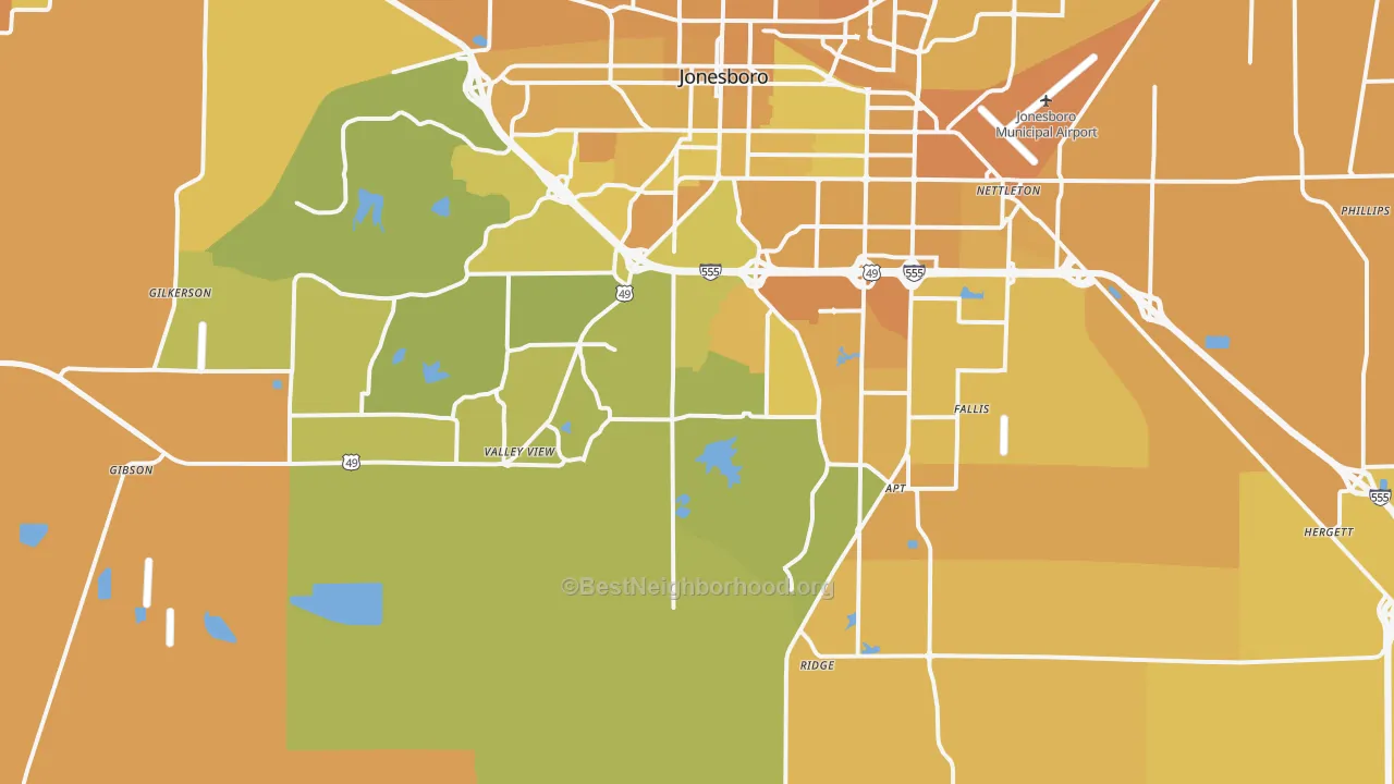 Map of the best neighborhoods in the 72404 area, with better matches in green and worse matches in red