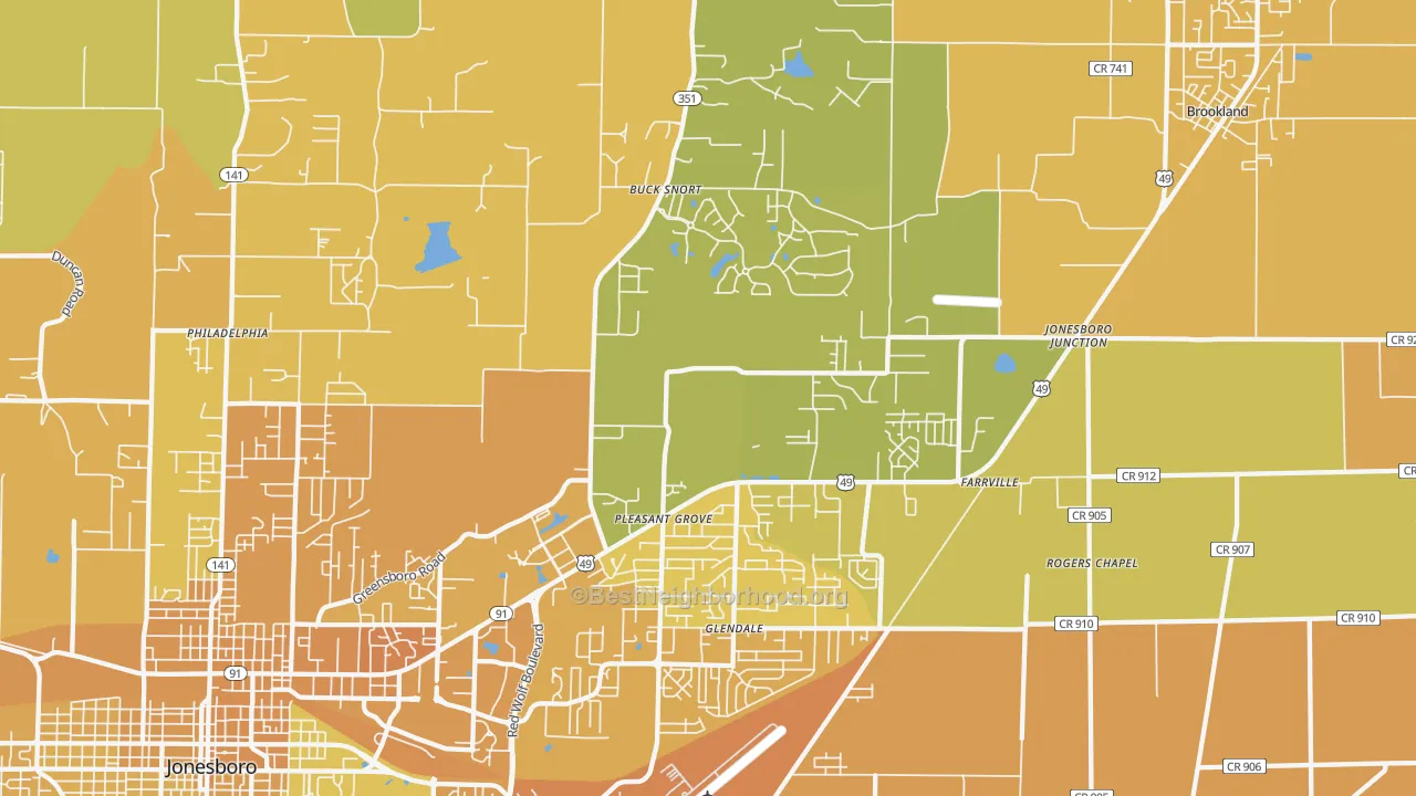 Map of the best neighborhoods in the 72405 area, with better matches in green and worse matches in red