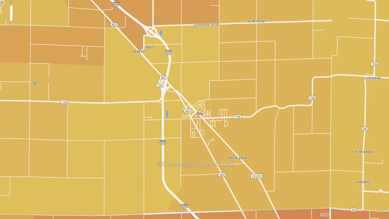 Map of the best neighborhoods in the 72411 area, with better matches in green and worse matches in red