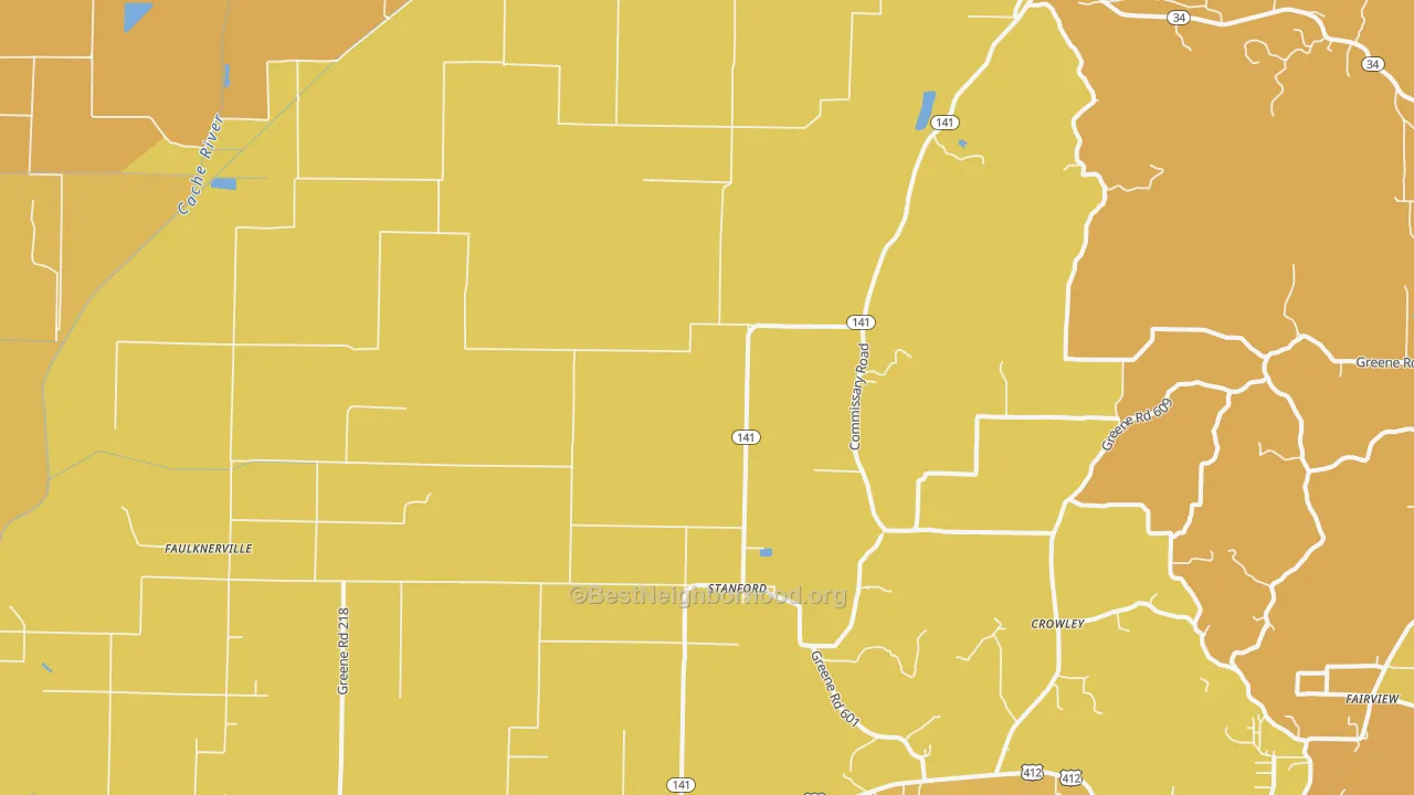 Map of the best neighborhoods in the 72412 area, with better matches in green and worse matches in red