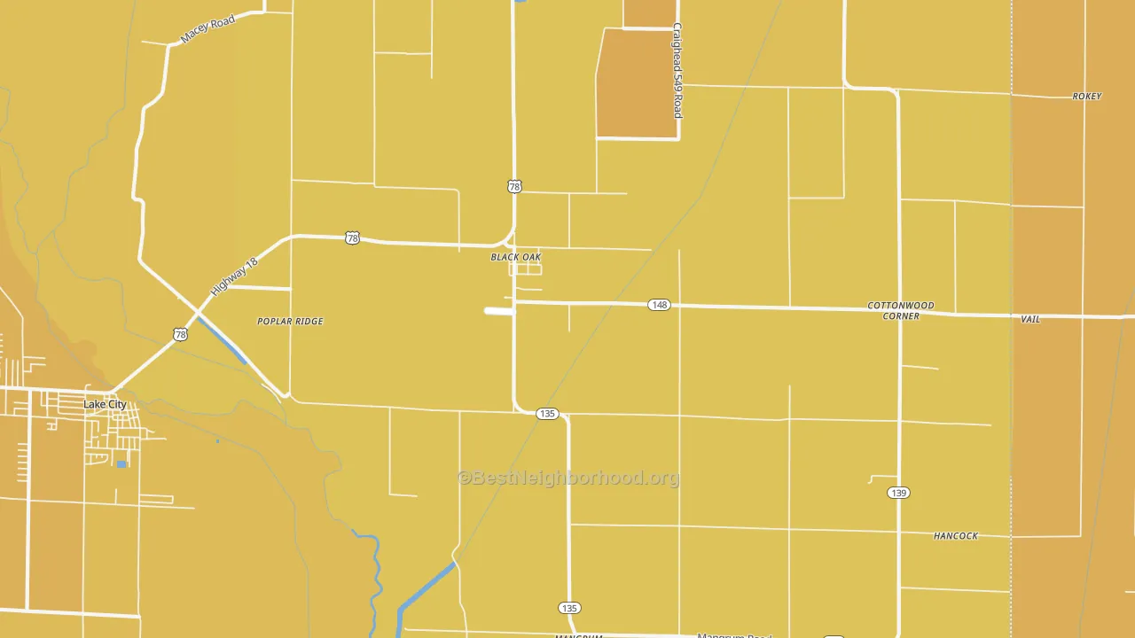 Map of the best neighborhoods in the 72414 area, with better matches in green and worse matches in red