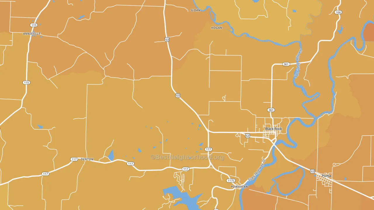 Map of the best neighborhoods in the 72415 area, with better matches in green and worse matches in red