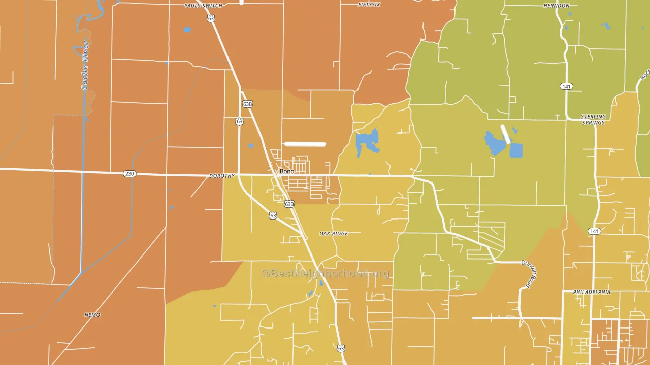 Map of the best neighborhoods in the 72416 area, with better matches in green and worse matches in red