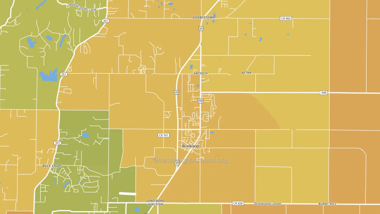 Map of the best neighborhoods in the 72417 area, with better matches in green and worse matches in red