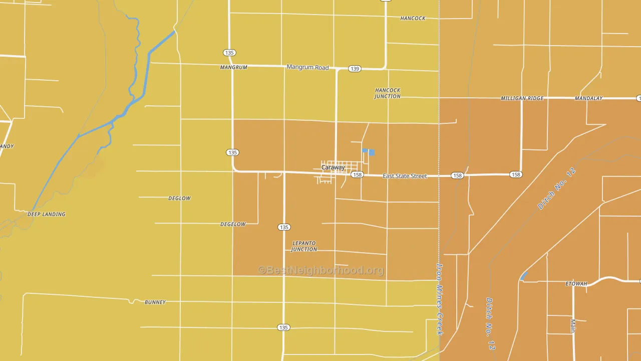 Map of the best neighborhoods in the 72419 area, with better matches in green and worse matches in red