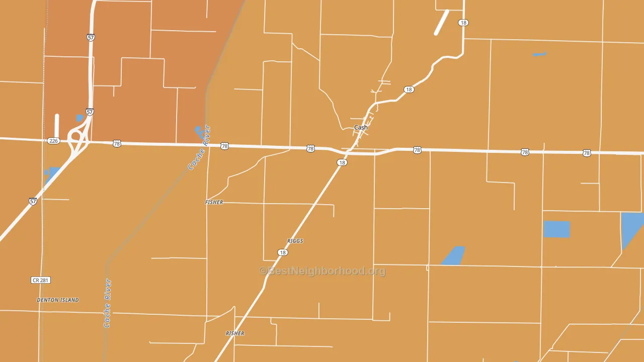 Map of the best neighborhoods in the 72421 area, with better matches in green and worse matches in red